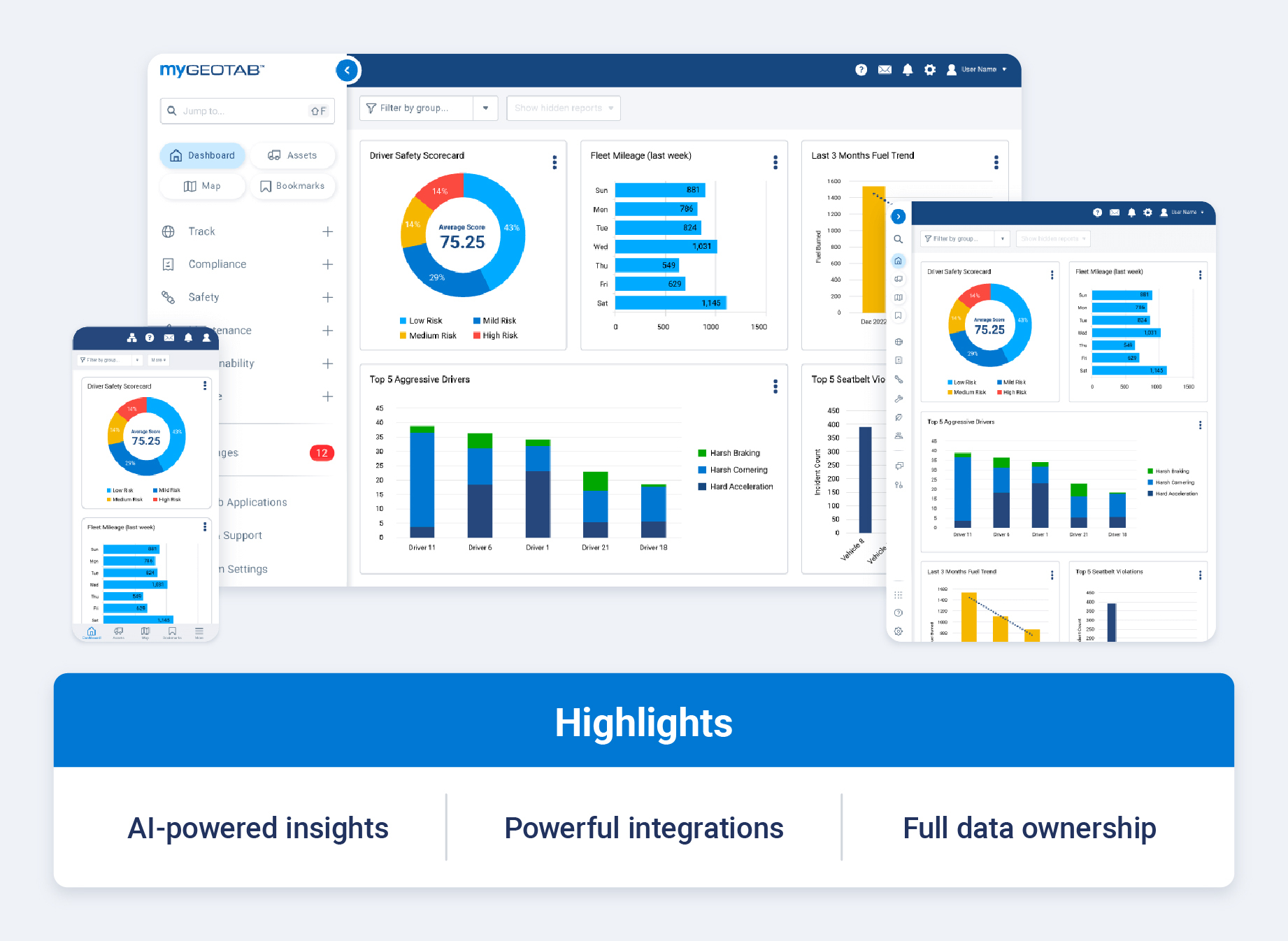 Geotab fleet management software and highlights like AI-powered insights, powerful integrations and full data ownership